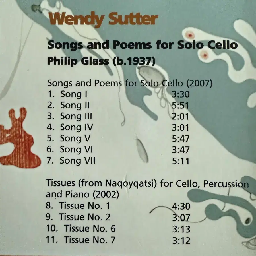 수입] Wendy Sutter - 필립 글래스 첼로 작품집 : 노래와 시