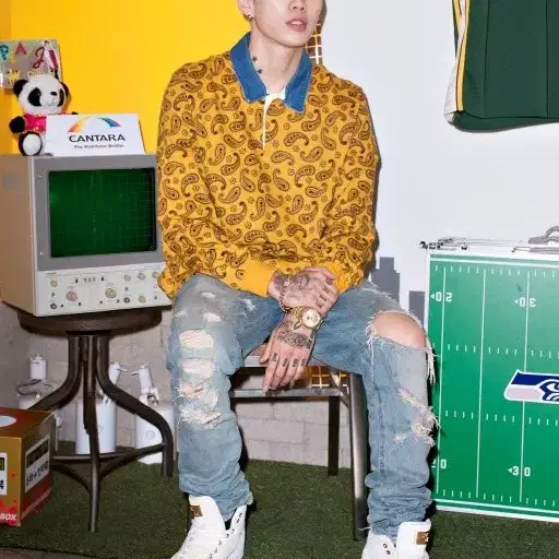 M) Stussy 스투시 페이즐리 데님카라 럭비티 (박재범착용)