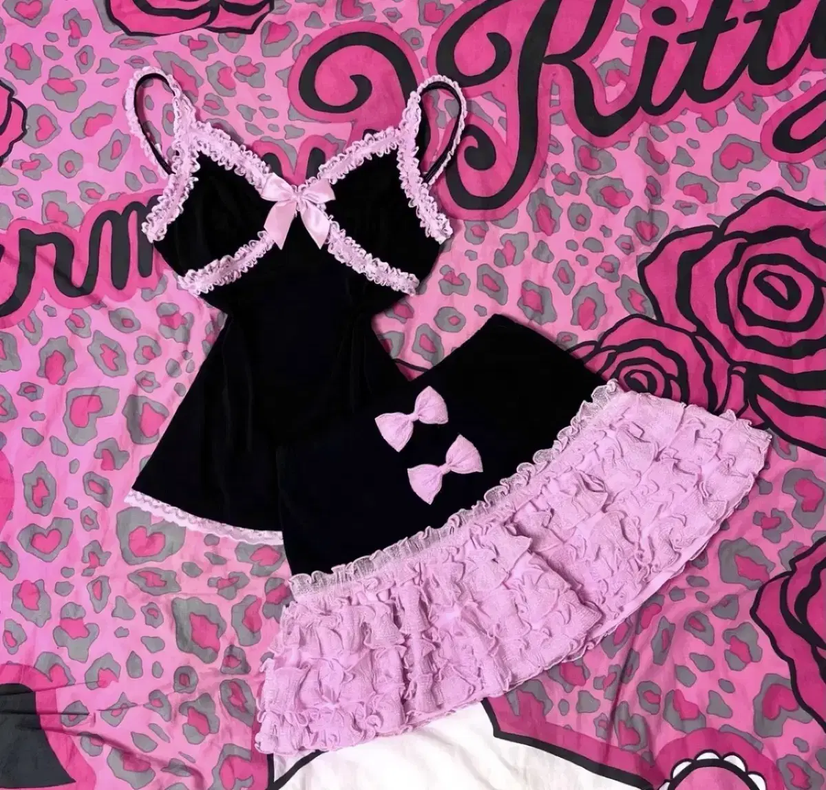 Shirokiti Himeromantic Gal Black Pink Frill Lace Ribbon Set