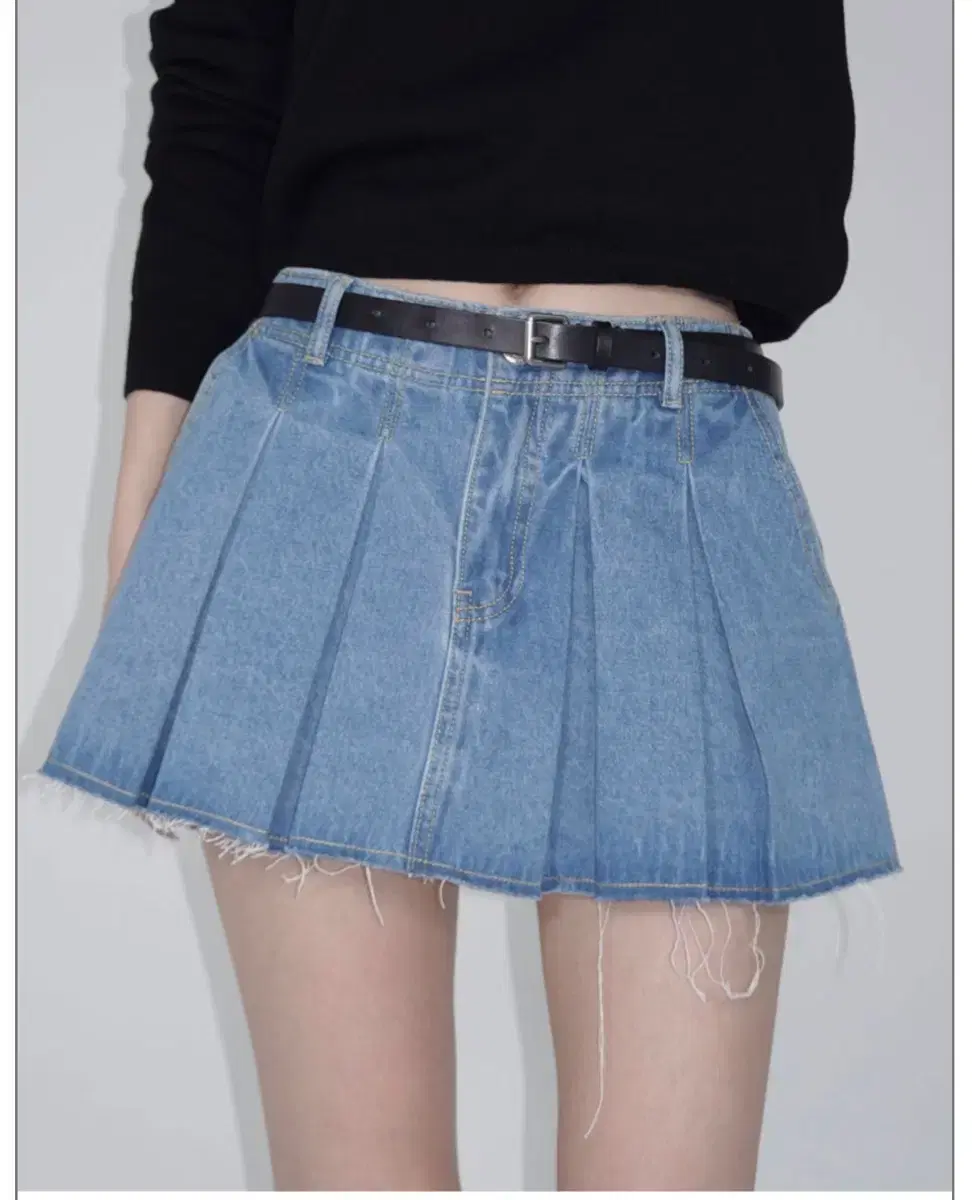 Pale Jade Denim Pleated Skirt