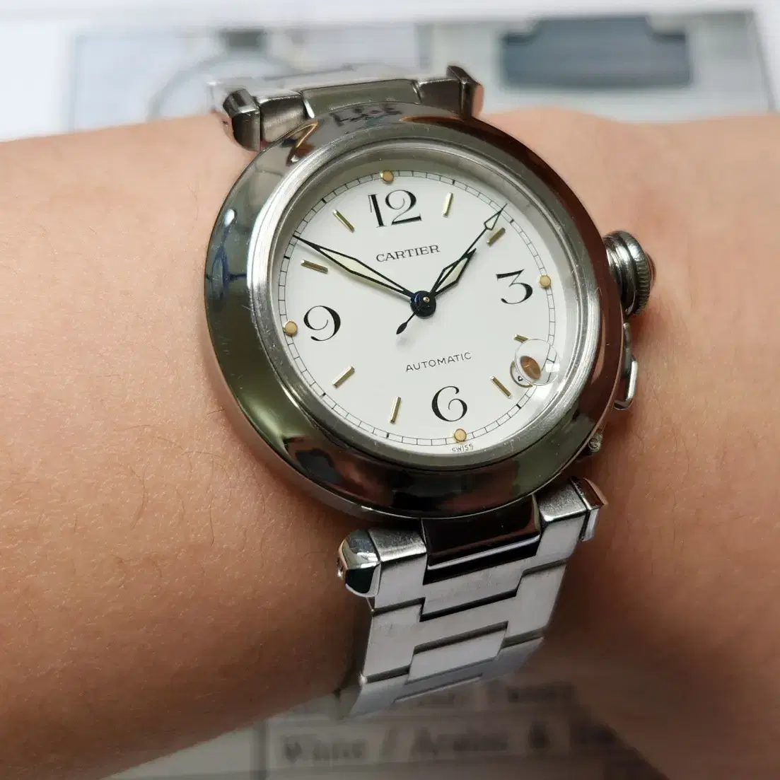 까르띠에 파샤 화이트래커 희귀 다이얼 블루핸즈 36mm (감정서 포함)