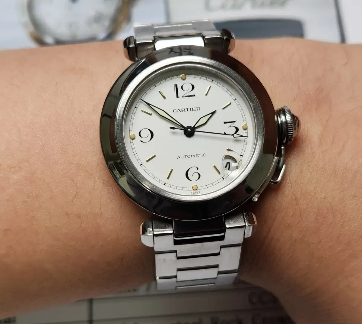 까르띠에 파샤 화이트래커 희귀 다이얼 블루핸즈 36mm (감정서 포함)