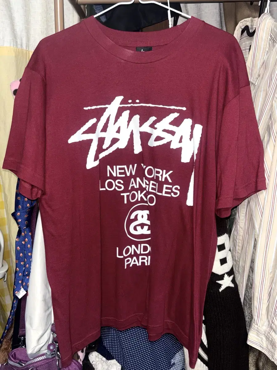 M) stussy 스투시 월드투어 반팔 티셔츠 버건디