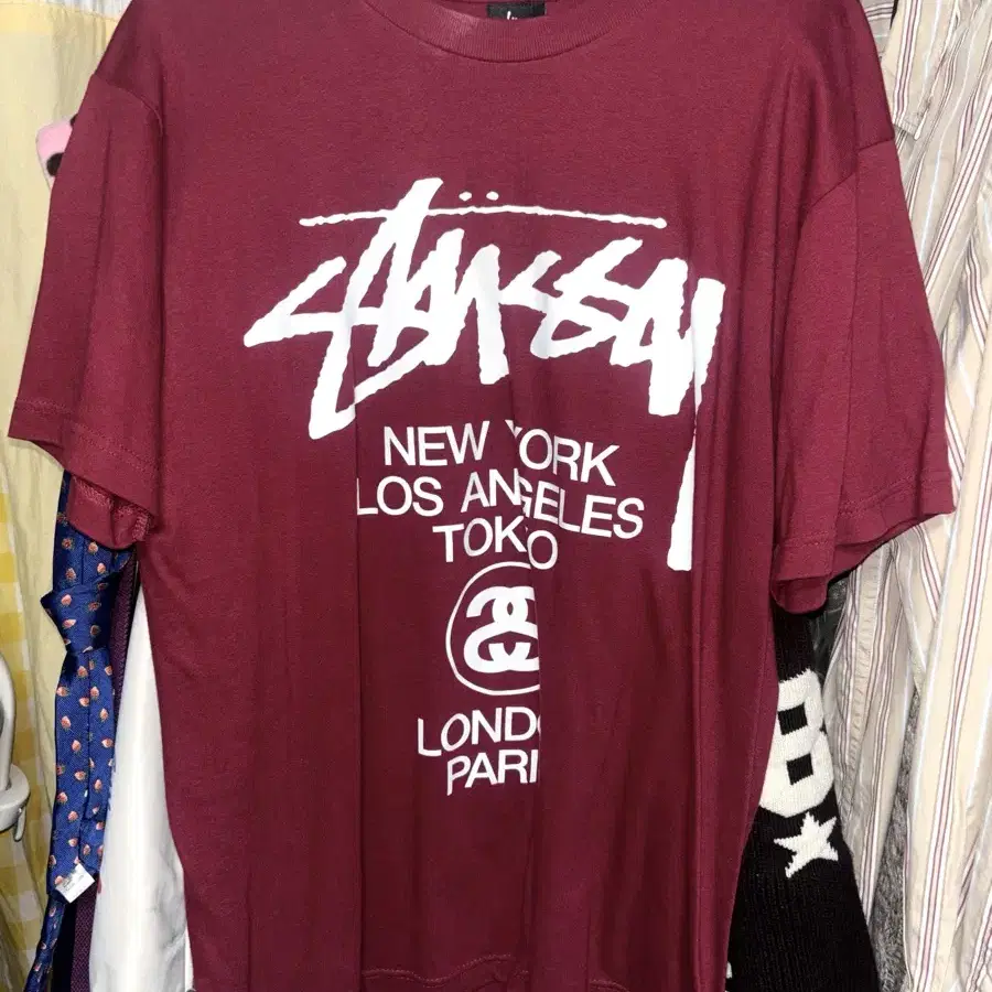 M) stussy 스투시 월드투어 반팔 티셔츠 버건디