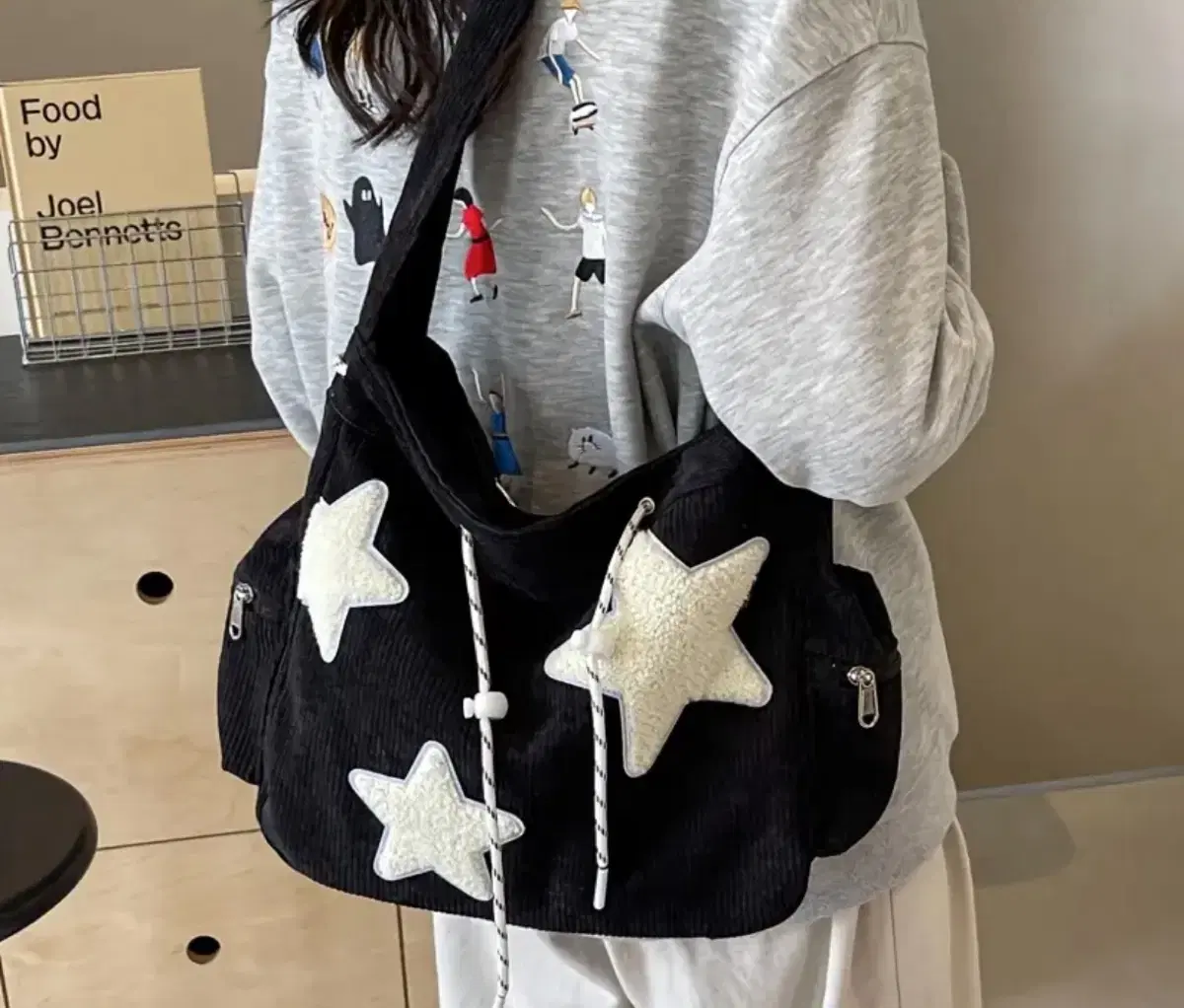 Y2K Corduroy Star Shoulder Bag Crossbody Bag Black