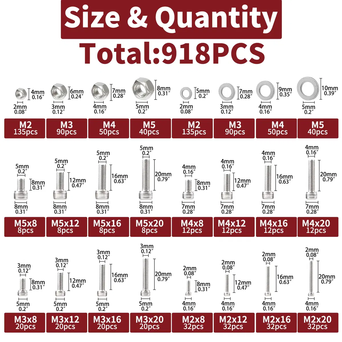 너트 및 볼트 모음 키트-M2, M3, M4, M5 육각 헤드 918개