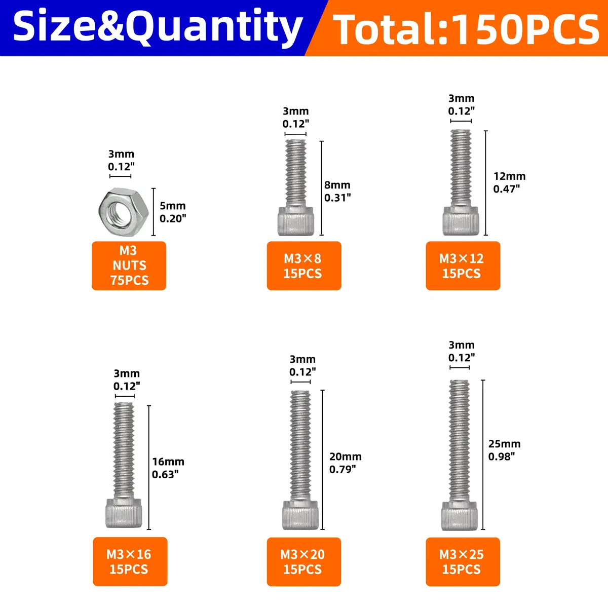 육각 헤드 나사 및 너트 세트, M3 스테인리스 스틸 나사 150 개