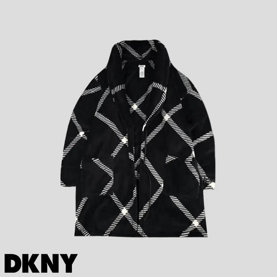 DKNY 디케이앤와이 블랙 화이트 사선 체크 플리스 후리스 코트 로브 가