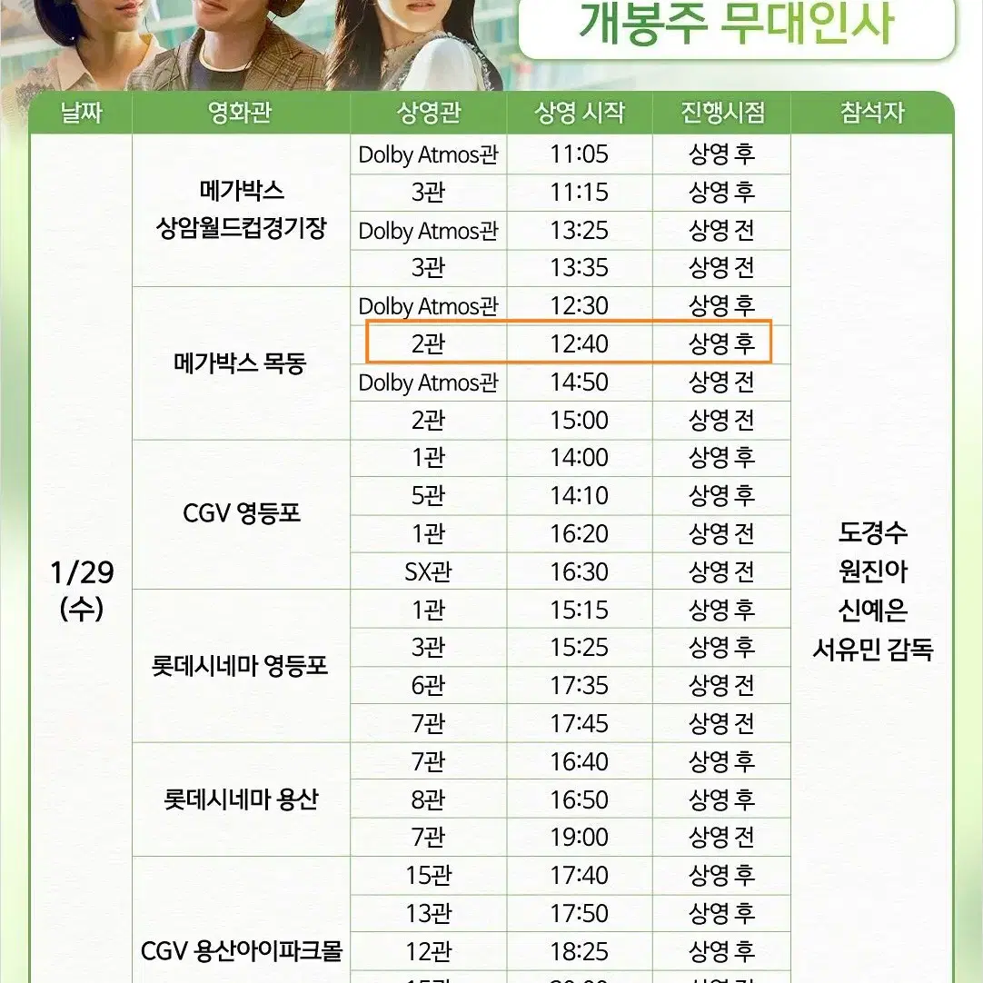 1/29 목동 말할 수 없는 비밀 무대인사 C열 2연석