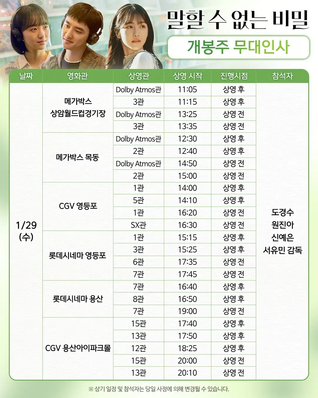 1/29(수) 12:30, 메가박스목동 말할수없는비밀 무대인사 A열 2석