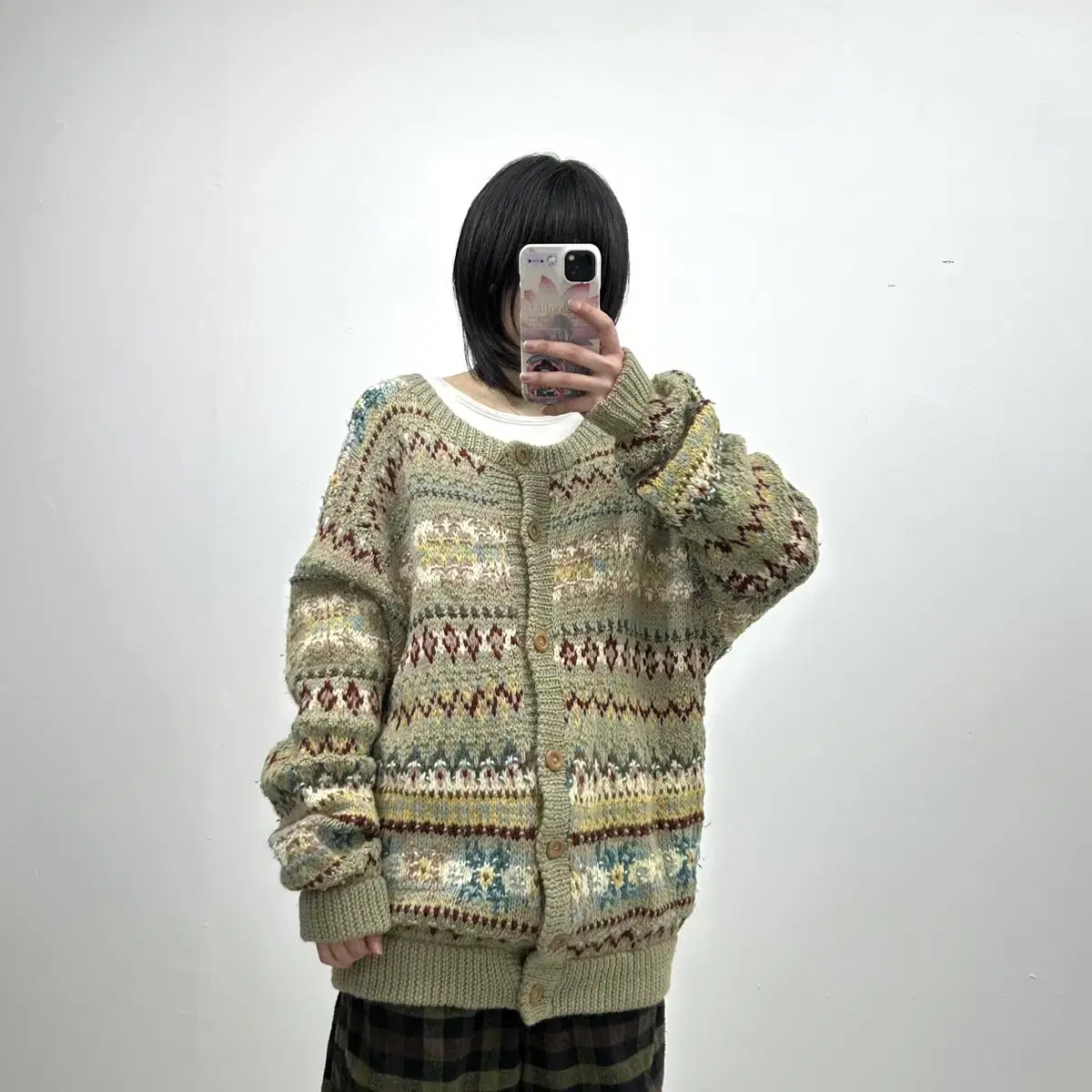 Meiku hand knit 페어아일 라운드넥 가디건