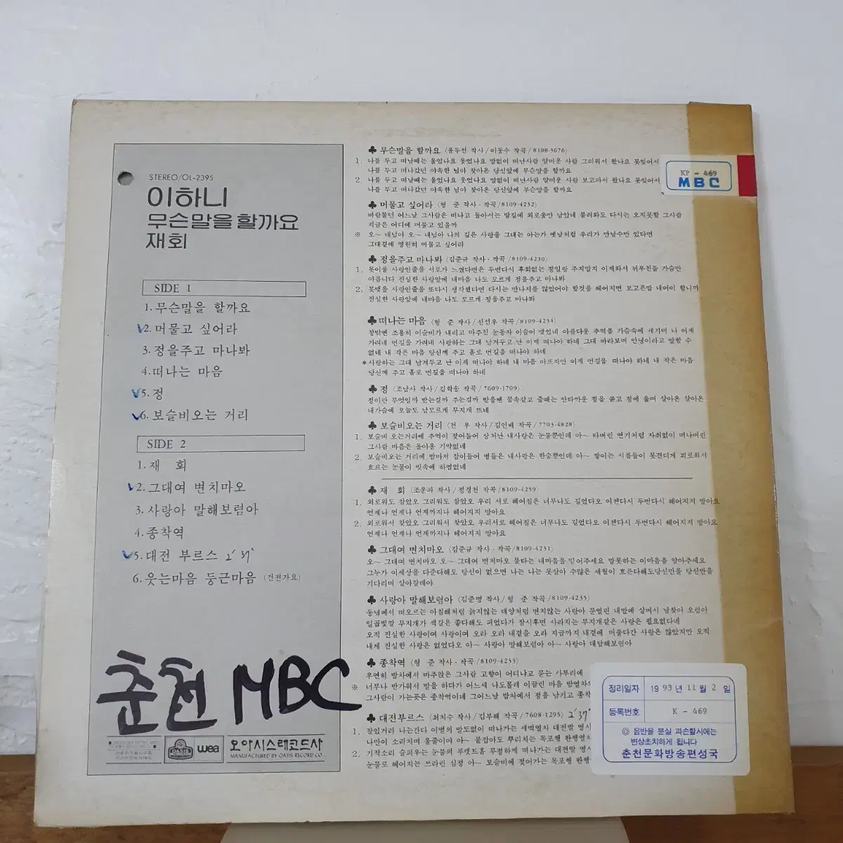 이하니 LP 1981 그대여변치마오  정  대전부르스  보슬비오는거리