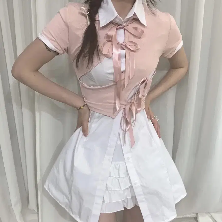 클모 Ribbon slit shirt - pink