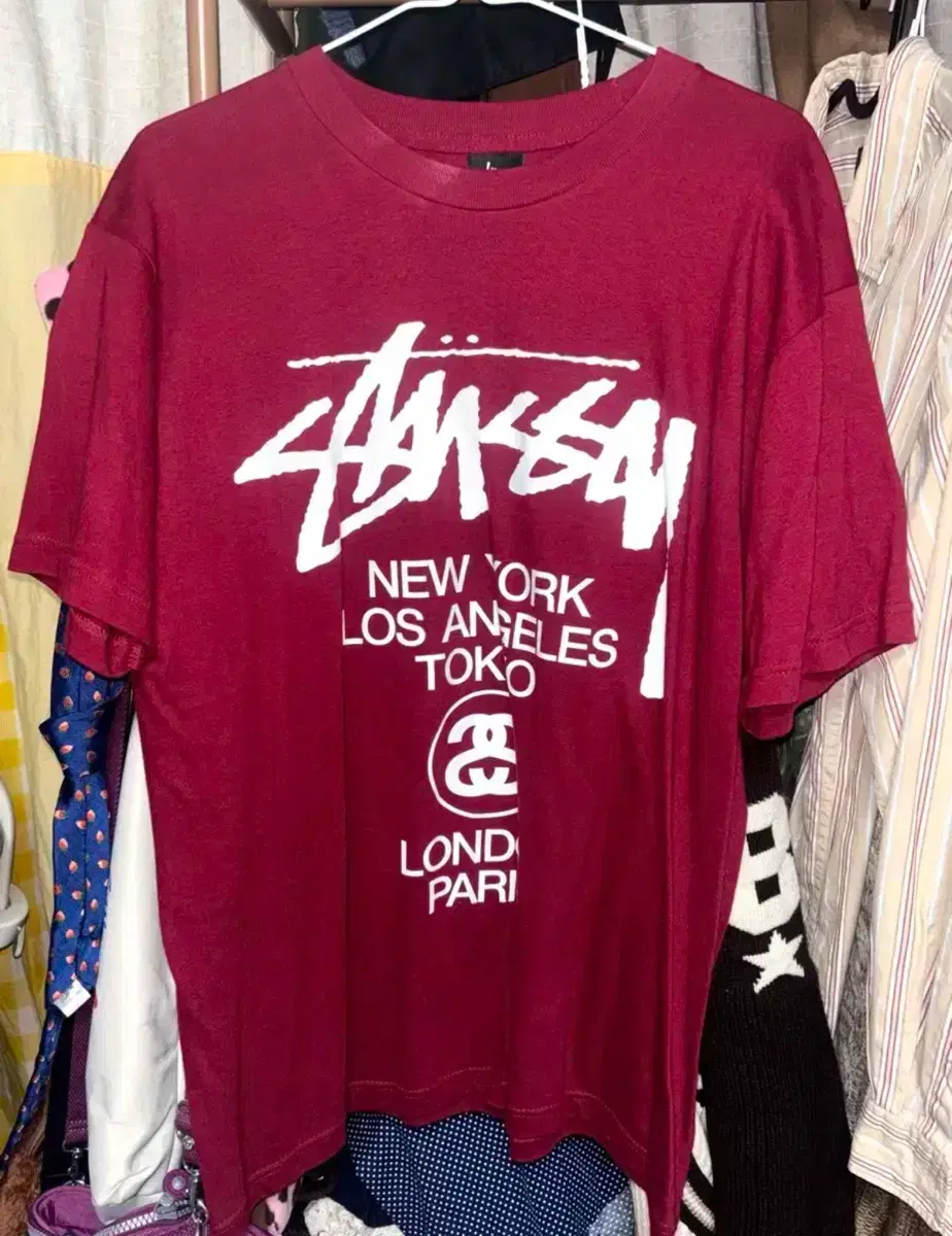 M) stussy 스투시 월드투어 반팔 티셔츠 버건디빈티지어항구피stc