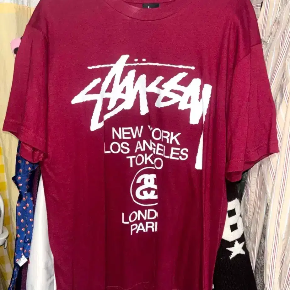 M) stussy 스투시 월드투어 반팔 티셔츠 버건디빈티지어항구피stc