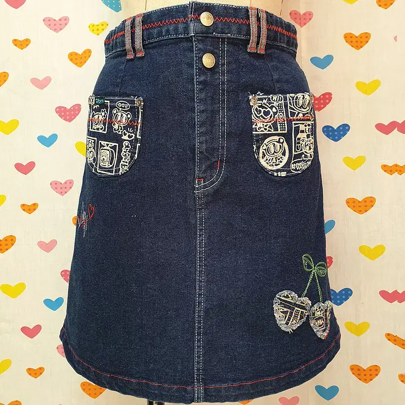 Denim Fringe Heart Cherry Patch Waipen Embroidery Character Patchwork Banding Mini Cheongchima