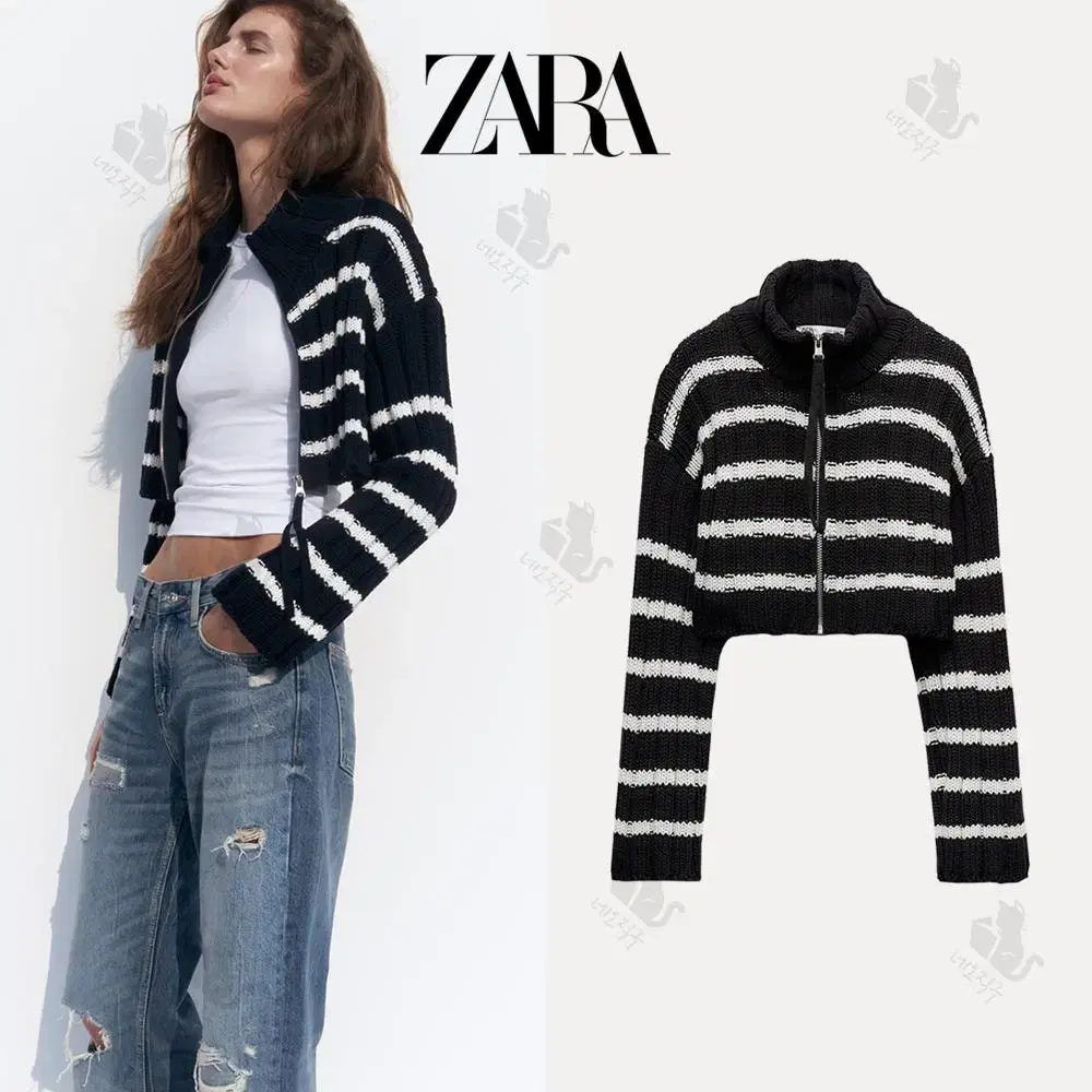 새상품) 자라 스트라이프 크롭 니트 가디건 하이칼라  ZARA