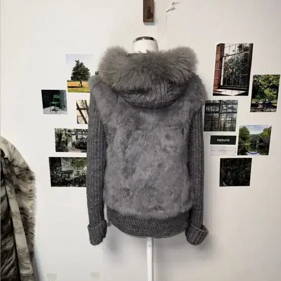 Gray crochet rabbit fur hood zipup