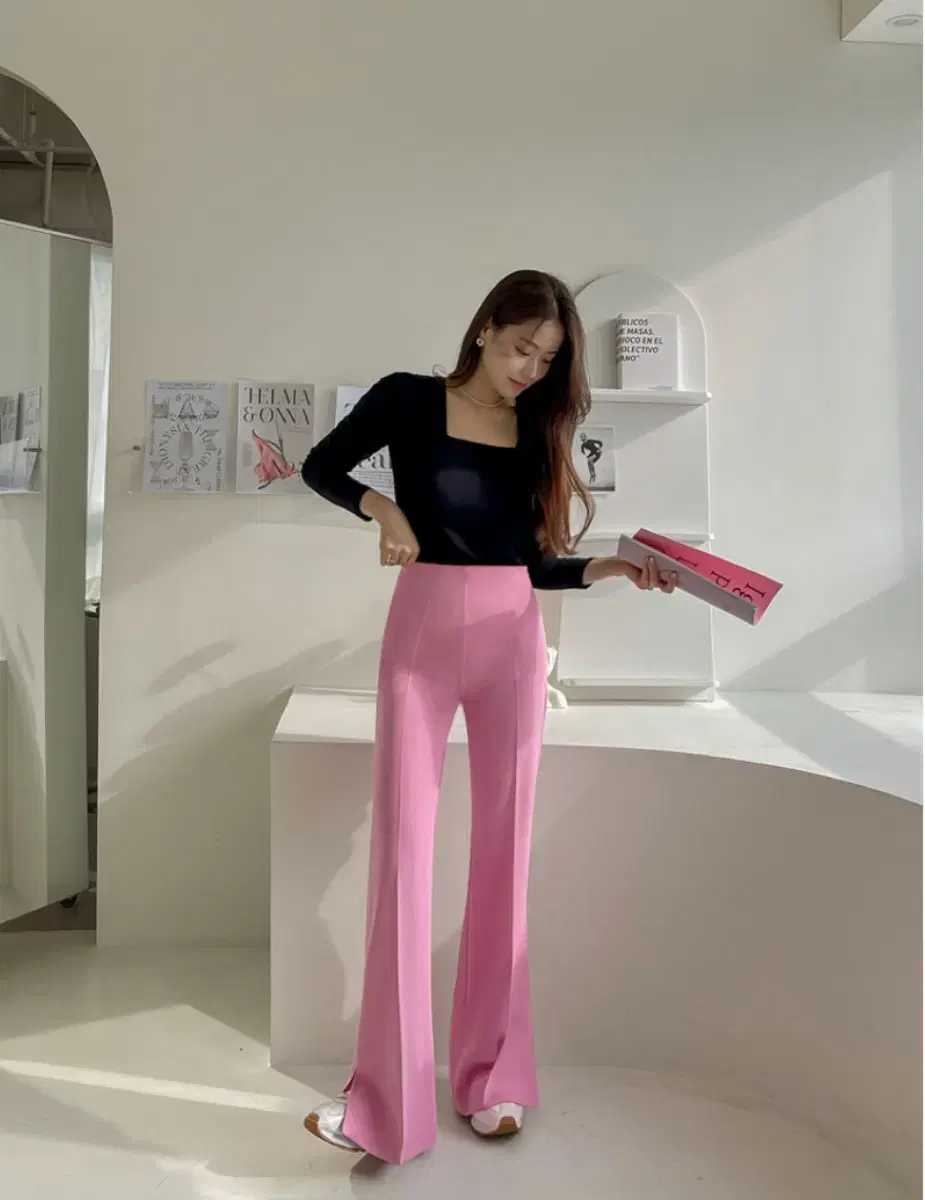 하이웨스트 핑크 롱슬랙스 롱다리부츠컷