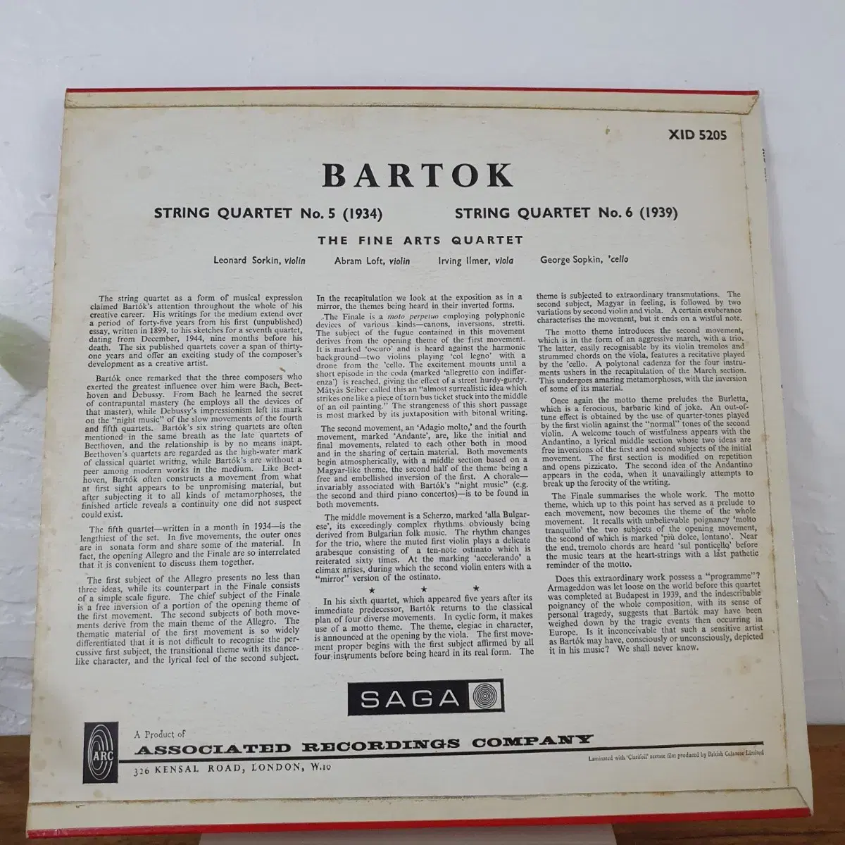 BARTOK STRING QUARTET No.5 No6 LP 1961