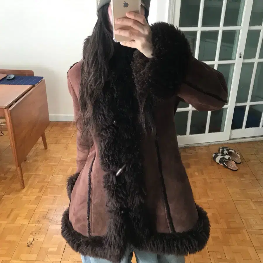 vintage brown duffle shearling coat