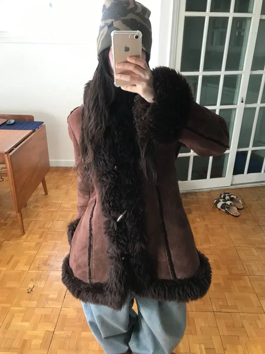 vintage brown duffle shearling coat