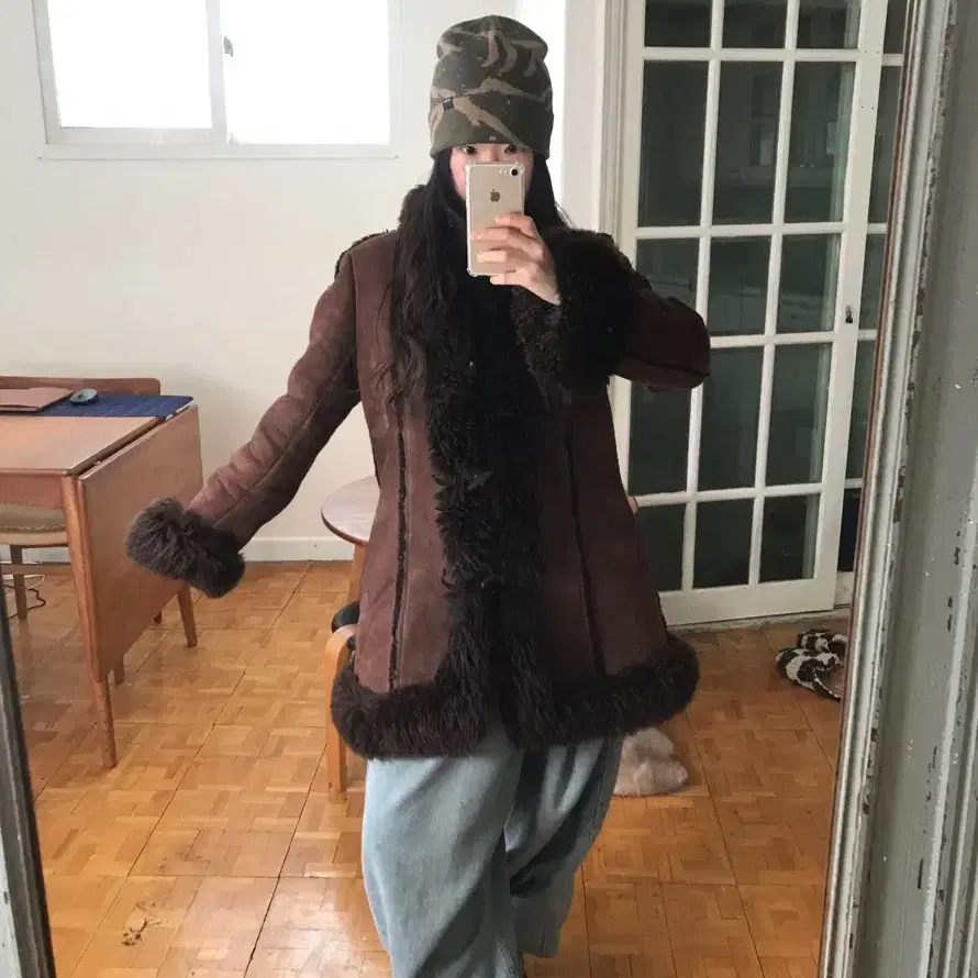 vintage brown duffle shearling coat