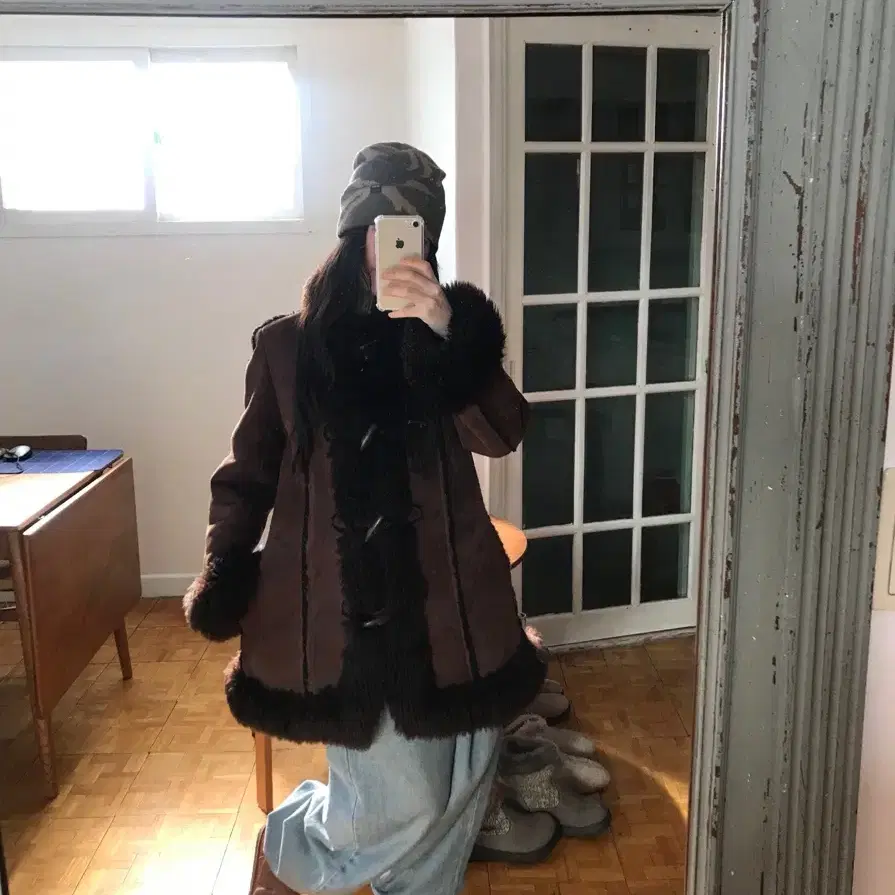 vintage brown duffle shearling coat