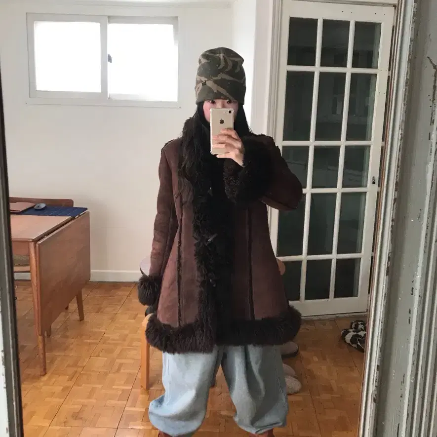 vintage brown duffle shearling coat