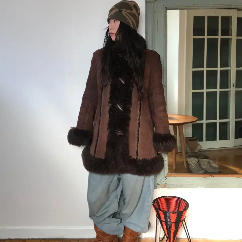 vintage brown duffle shearling coat