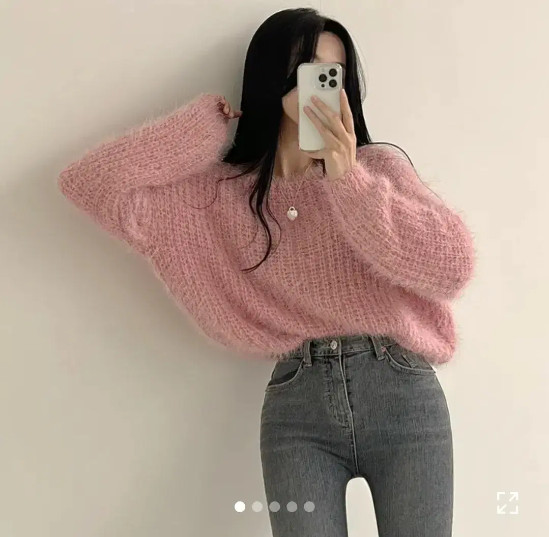 Angora boat neck loose-fit long-sleeved knit