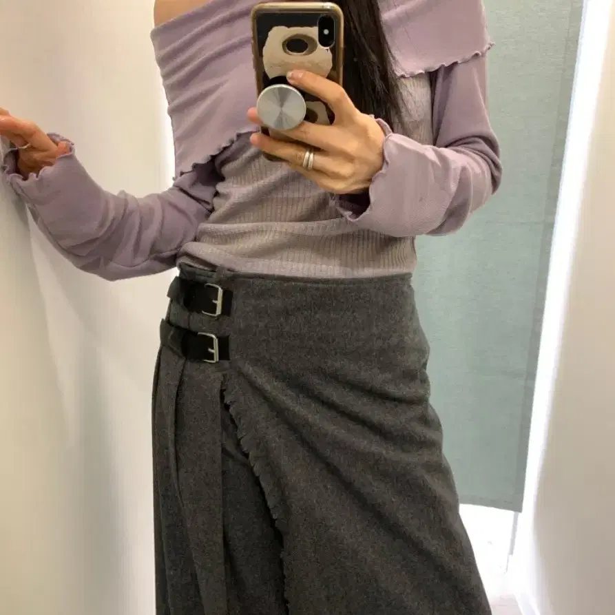 페인티드우드 wool pleats belt skirt