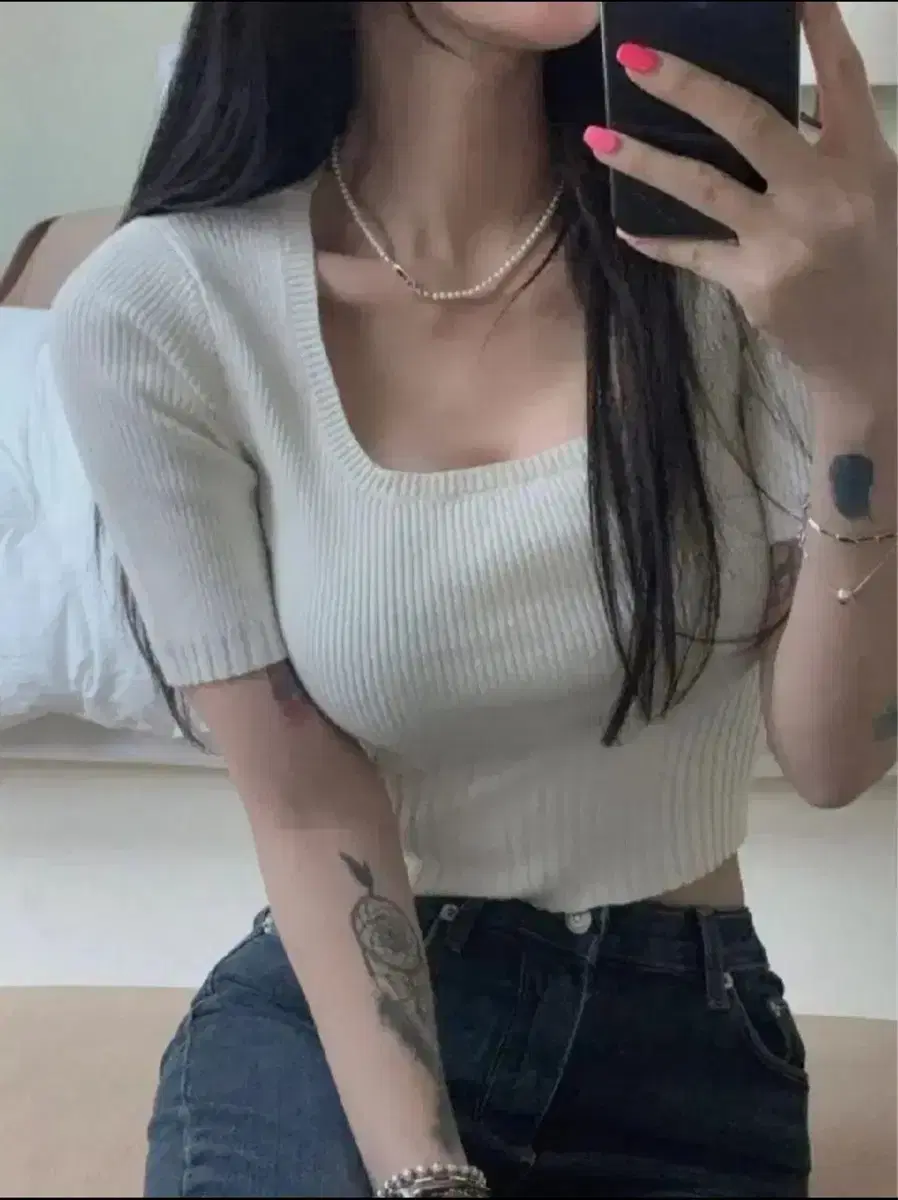 페일제이드 스퀘어넥 반팔 니트 차콜