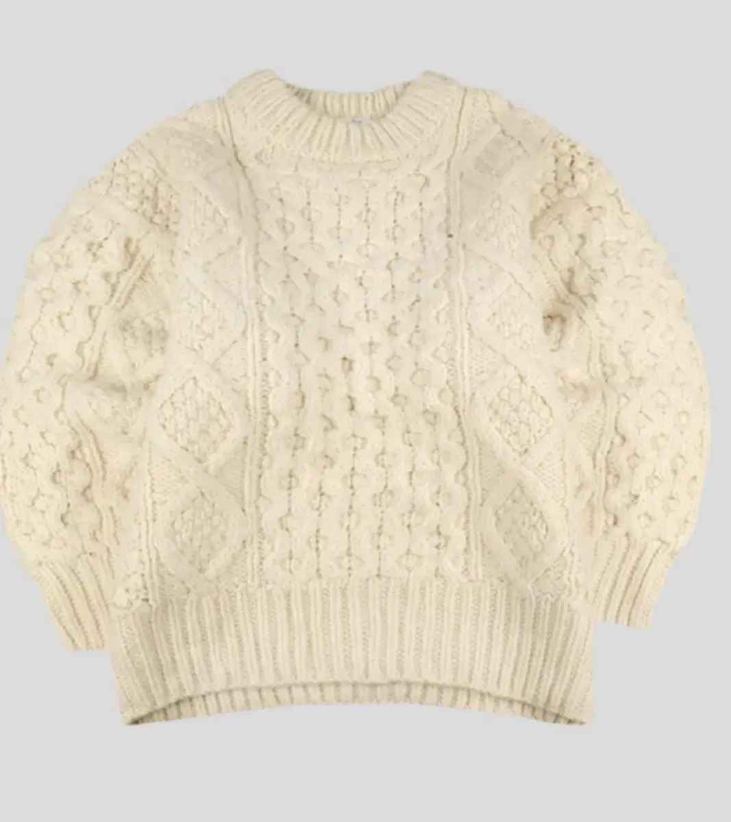 Ivory cream cable wave waffle pattern overfit wool acrylic blend mock neck knit