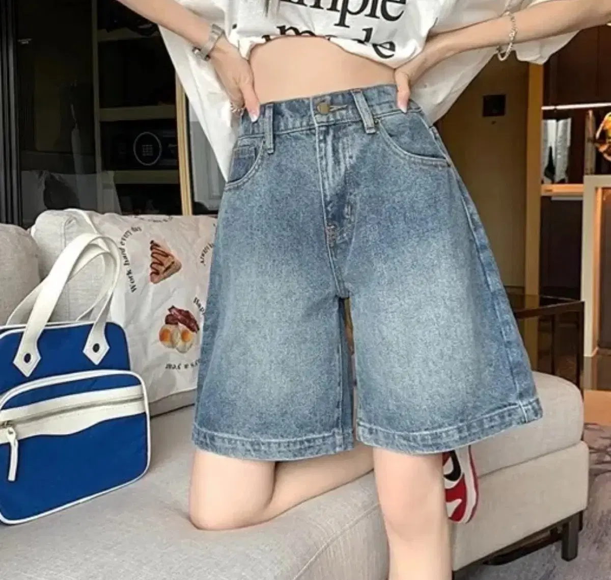 High-waisted denim five-pocket pants