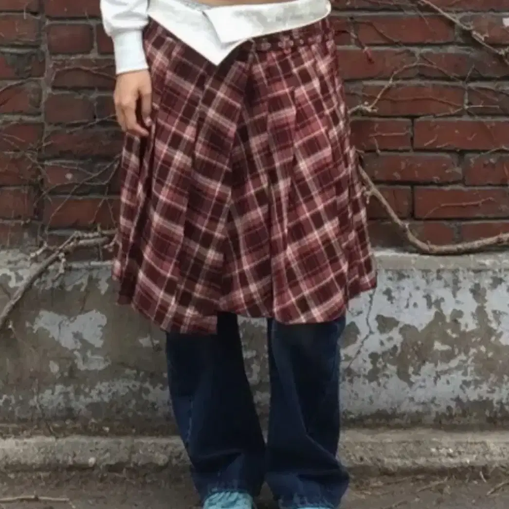 스컬프터 folded waist plaid skirt red