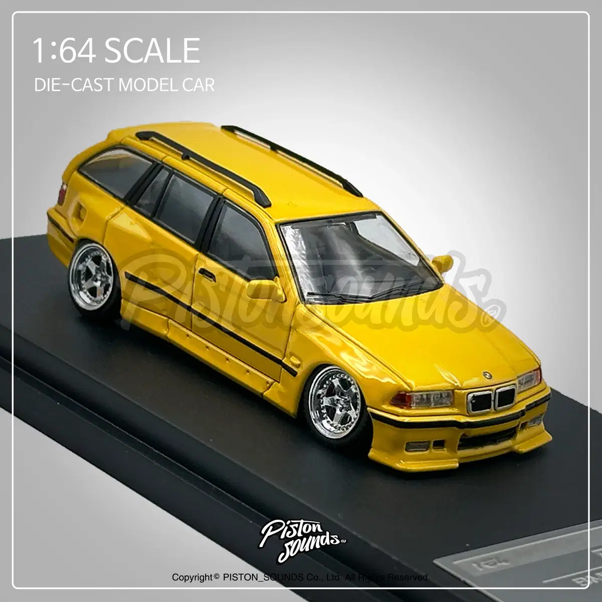 1:64스케일 BMW E36 투어링 왜건 와이드바디 옐로우 판뎀 튜닝카