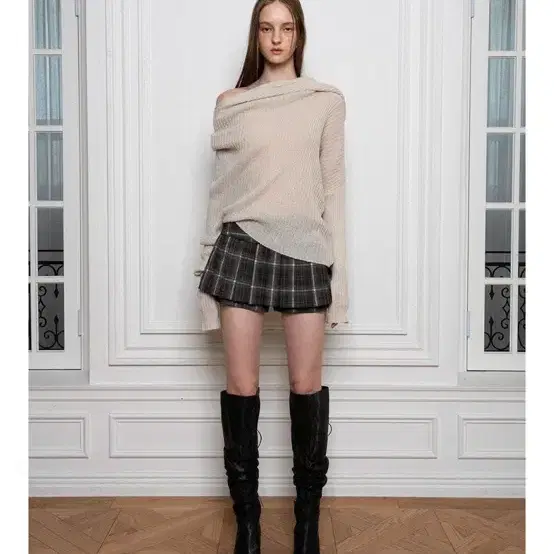 포르타 check pleats mini skirt shorts brown