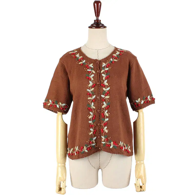 Brown knit twill crochet lace pompom flower embroidery knit cardigan