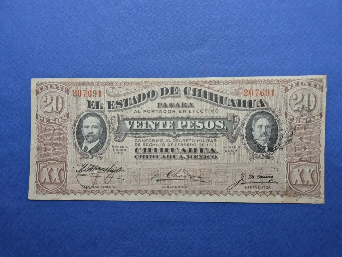 Foreign banknotes 1914 20 pesos, Chihuahua, Mexico, very small