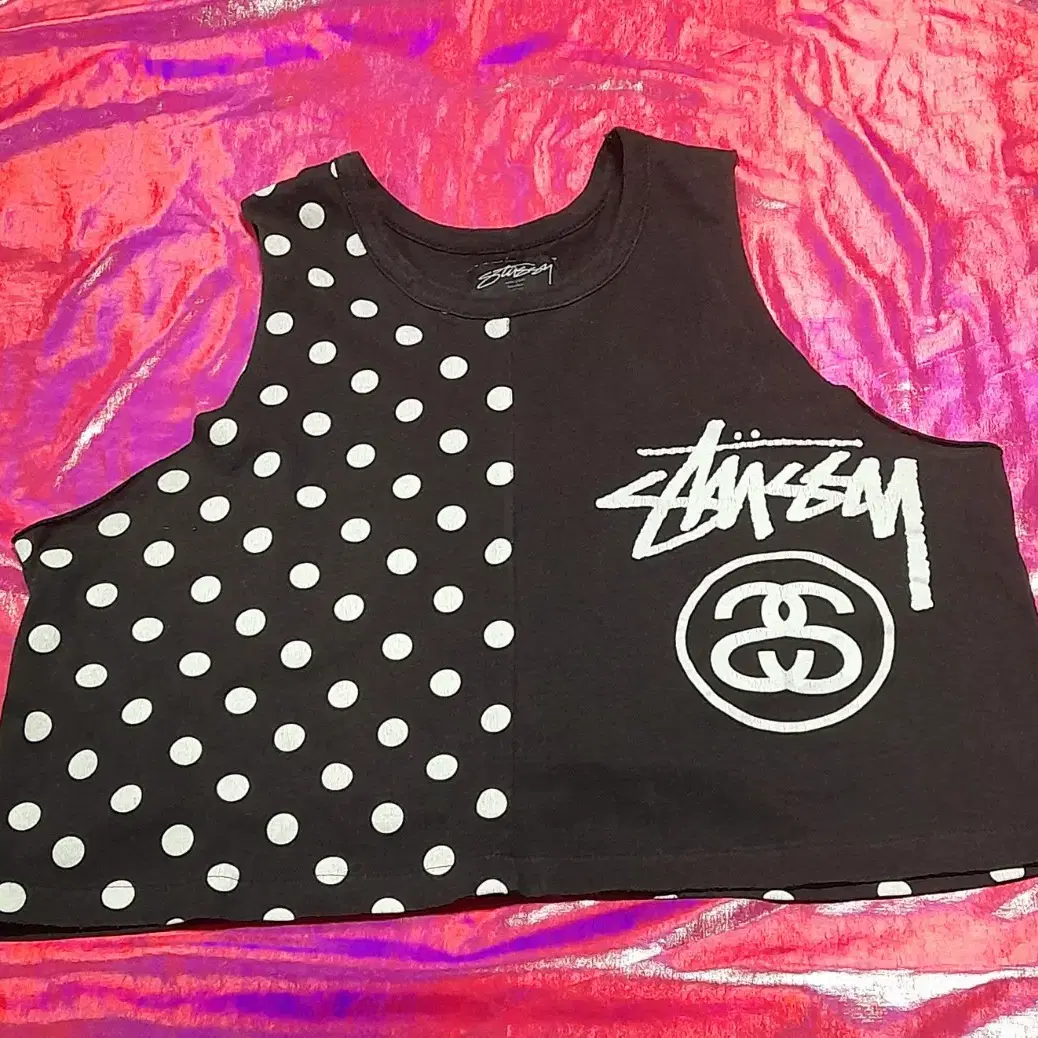 STUSSY 스투시 화이트도트 화이트물방울 로고 크롭탑 [S]