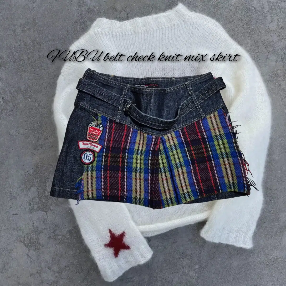 FUBU belt check knit mix skirt