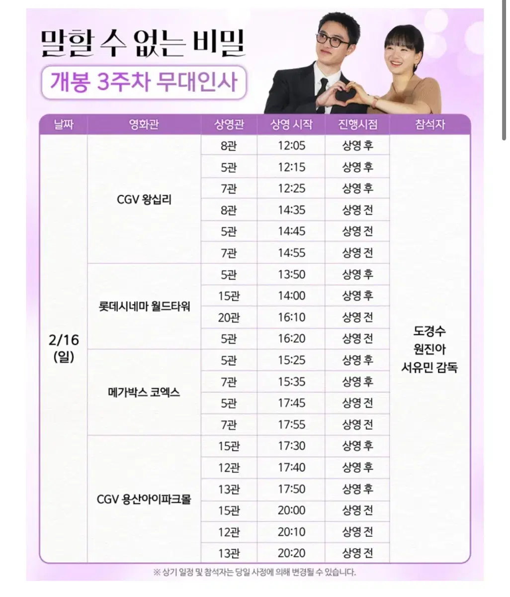 도경수 신예은 말할수없는비밀 무대인사 왕십리&목동