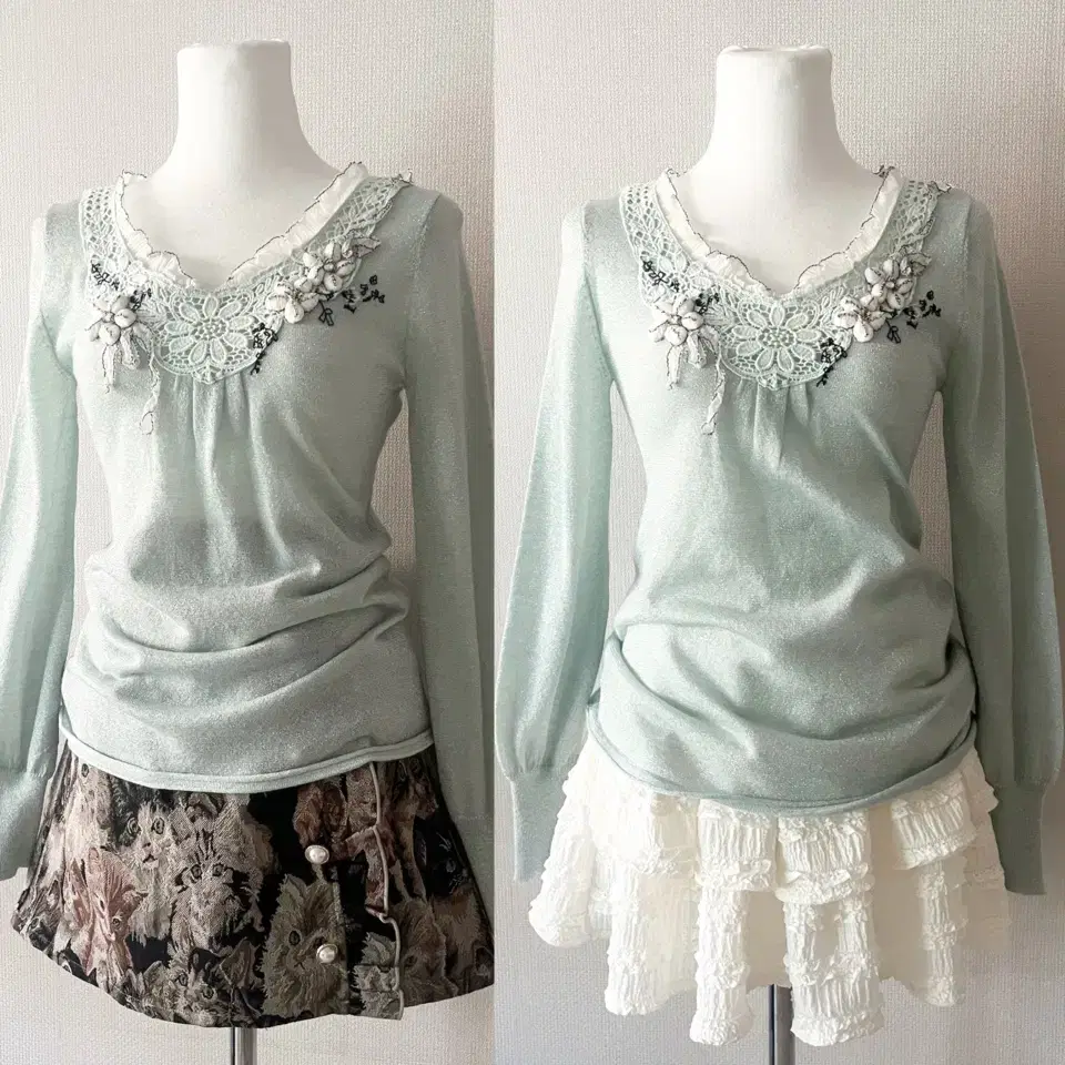 mint-green flower lace crochet top