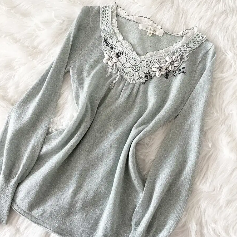 mint-green flower lace crochet top