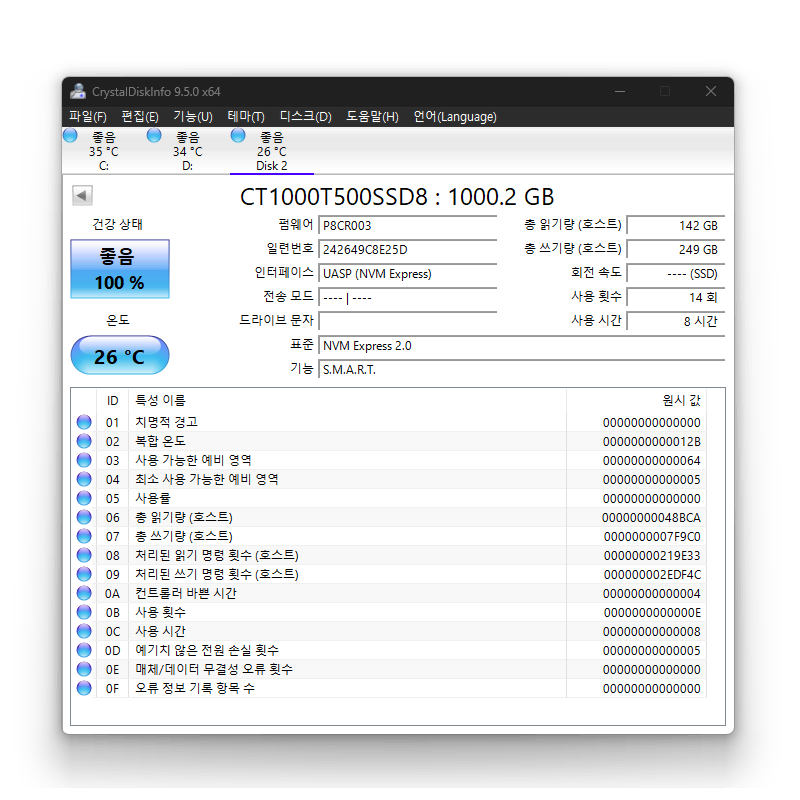 8시간사용) 마이크론 Crucial T500 M.2 NVMe 1TB