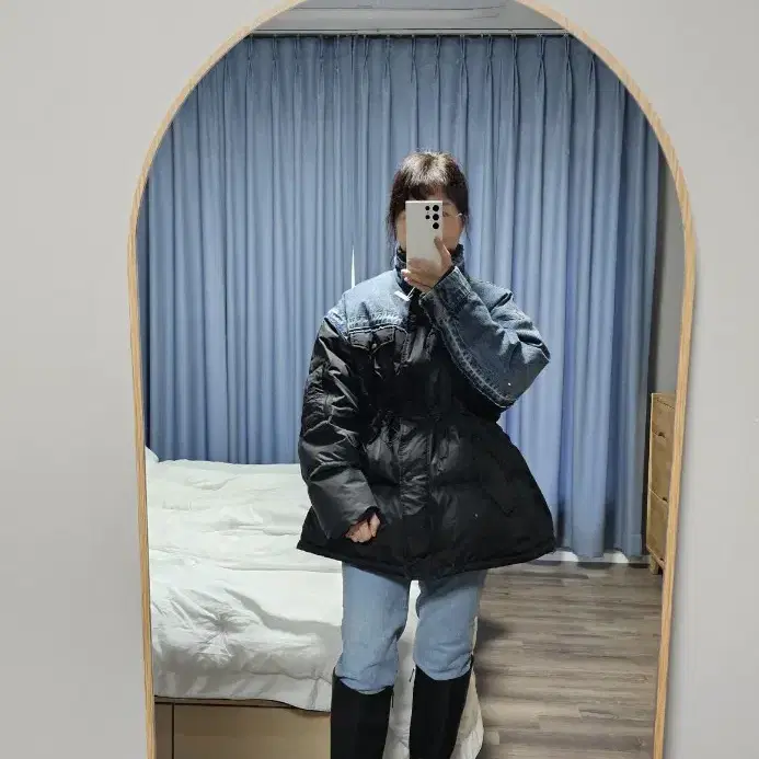 데님 배색 덕다운 하프 패딩