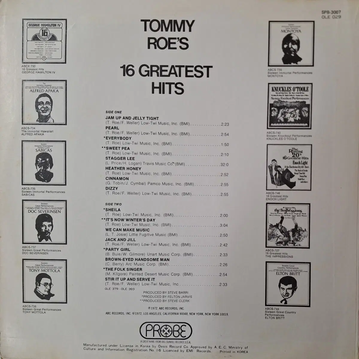 국내라이센스반/Tommy Roe's 16 Greatest Hits LP