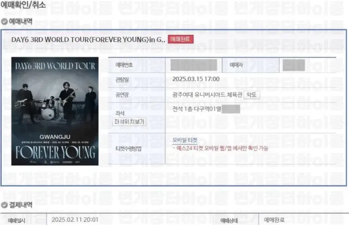 데이식스 콘서트 광주 일반예매 대리티켓팅(광주선예매 1,2,3열 성공)