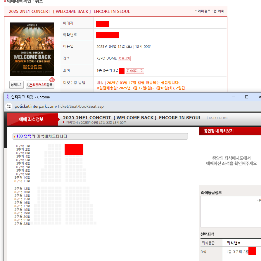 투애니원 2NE1 1층 3구역 3열 한자리